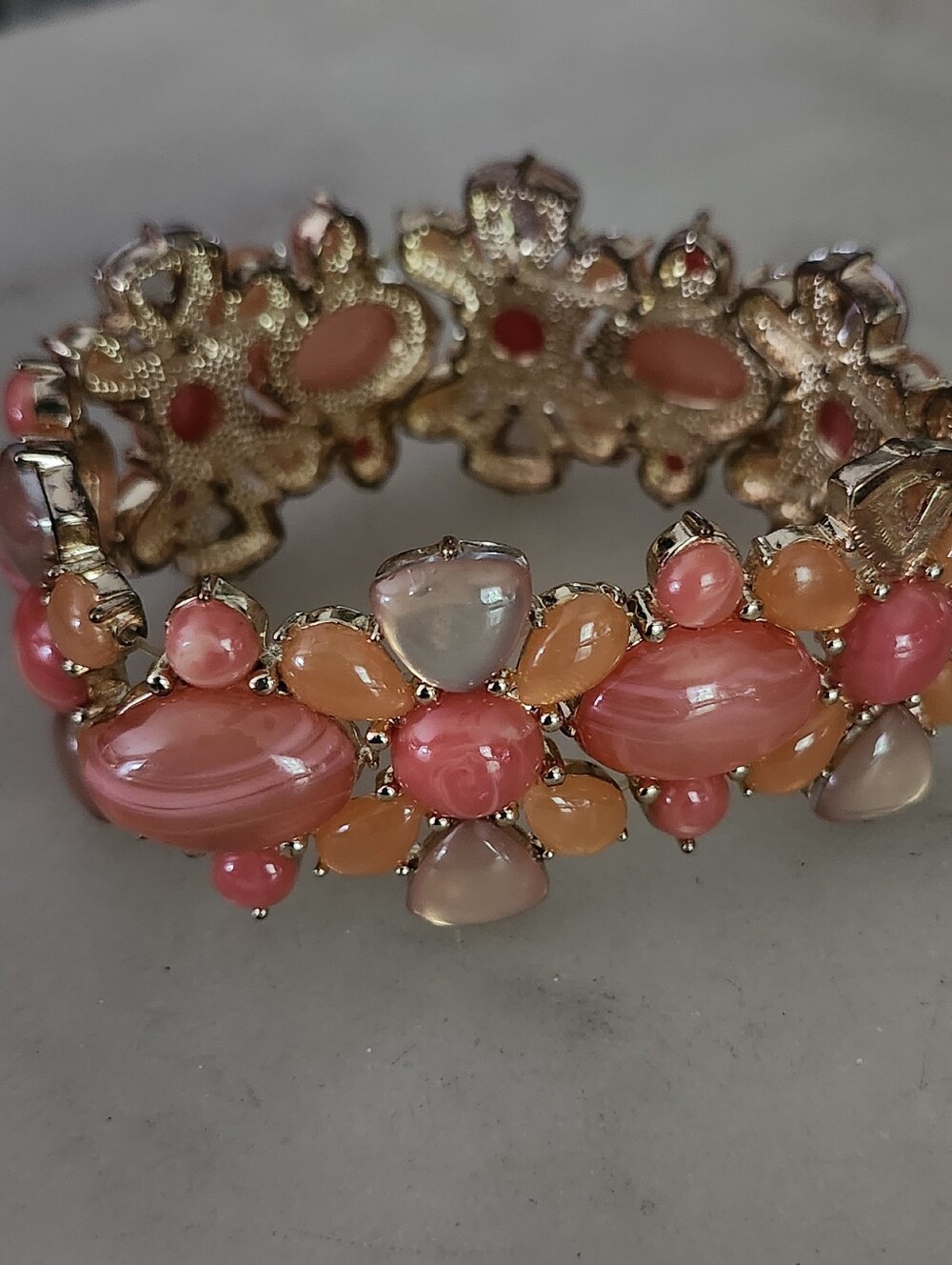 Gold-Tone Pink & Orange Gemstone Floral Stretch Bracelet